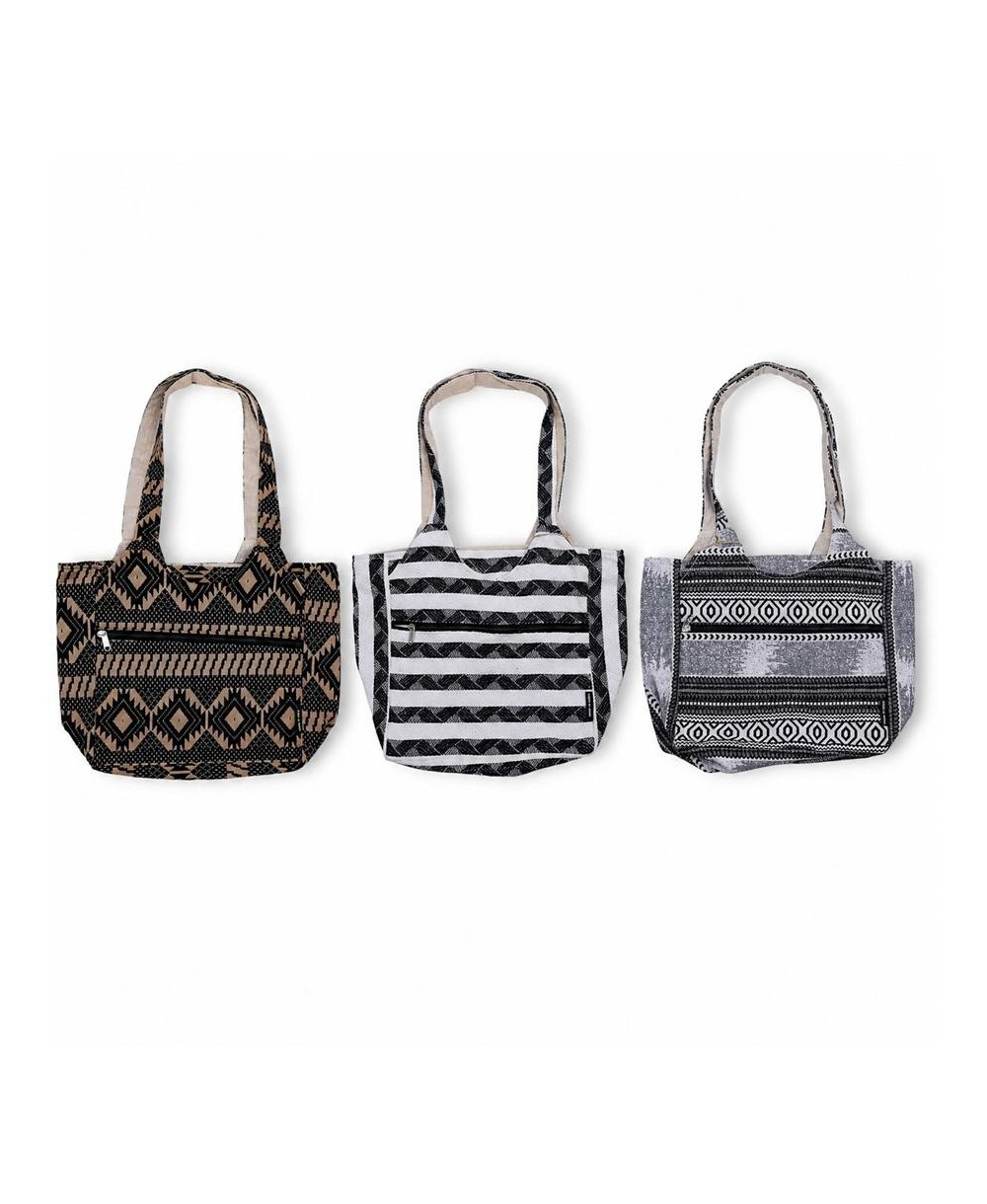 Bolso tote de algodón y viscosa con diseño étnico jacquard para compras y uso cotidiano.