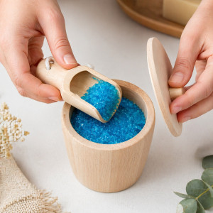 Cuchara de madera natural con cuerda para dosificar sales de baño.