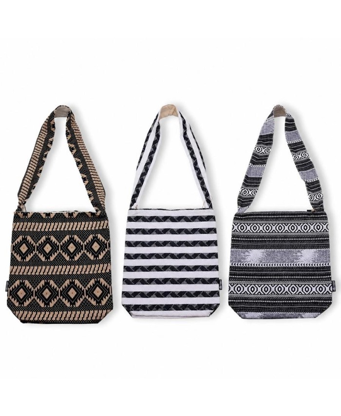 Bolso bandolera de algodón y viscosa con diseño étnico jacquard para llevar objetos personales.