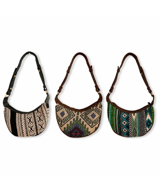 Bolso de hombro de algodón con estampado geométrico jacquard disponible en 3 diseños.