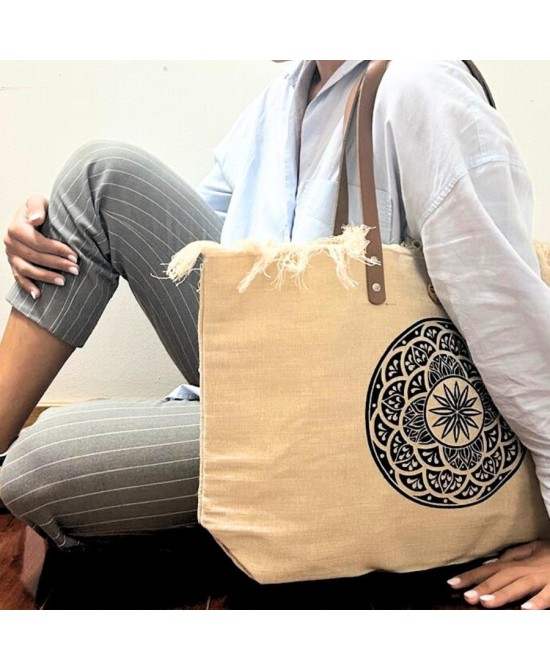 Bolso Grande de Lona Natural con Asas de Piel