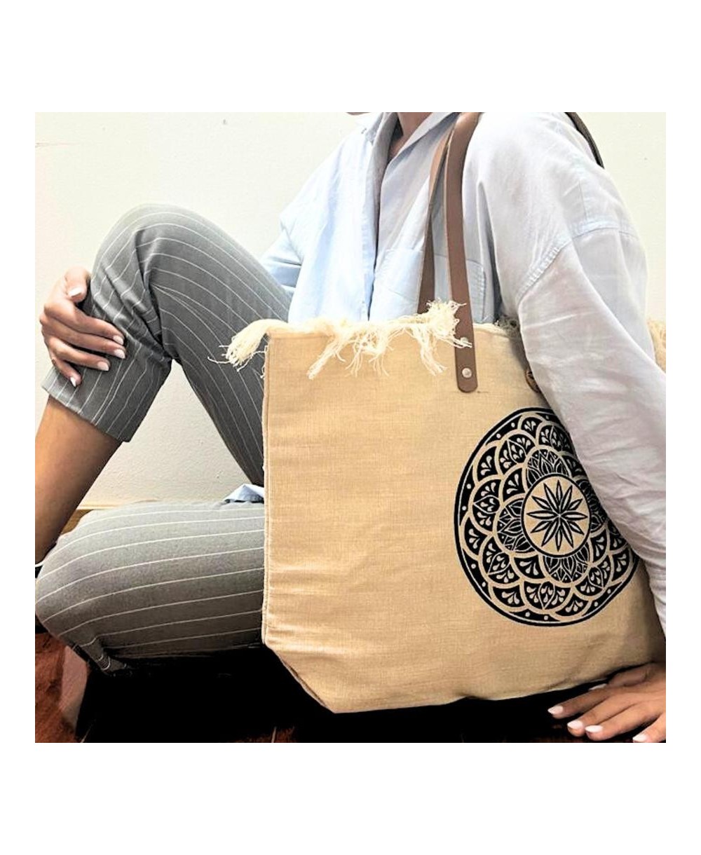 Bolso Grande de Lona Natural con Asas de Piel