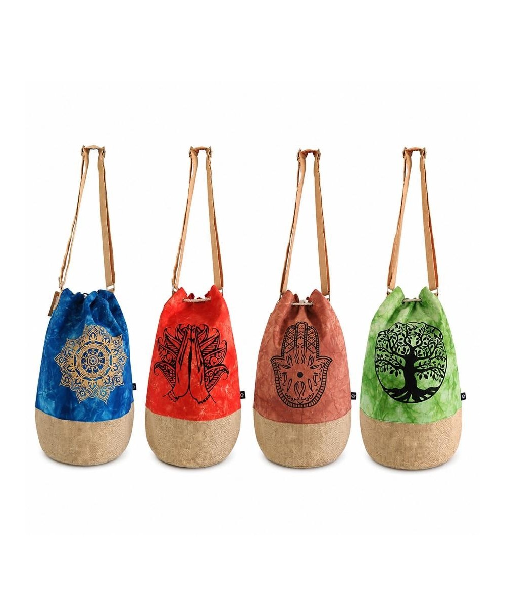 Mochila saco de algodón natural con diseños místicos y estilo boho para uso diario.