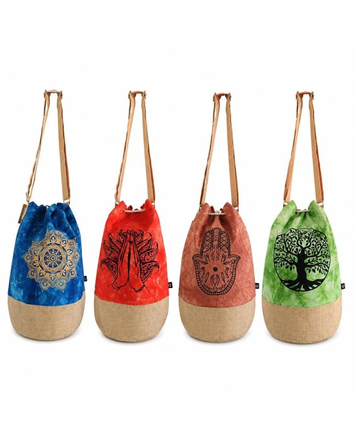 Mochila saco de algodón natural con diseños místicos y estilo boho para uso diario.