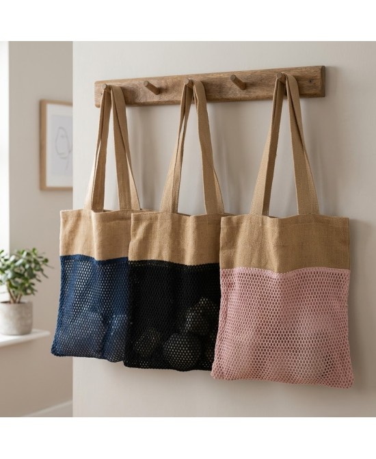 Bolsa de malla de yute suave y algodón disponible en color denim, rosa palo y negro para compras y uso diario reutilizable.