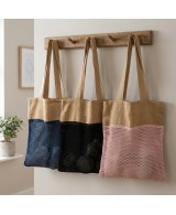 Bolsa de malla de yute suave y algodón disponible en color denim, rosa palo y negro para compras y uso diario reutilizable.