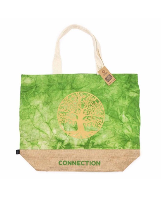 Bolsa verde de algodón y yute con árbol de la vida para compras y uso diario.
