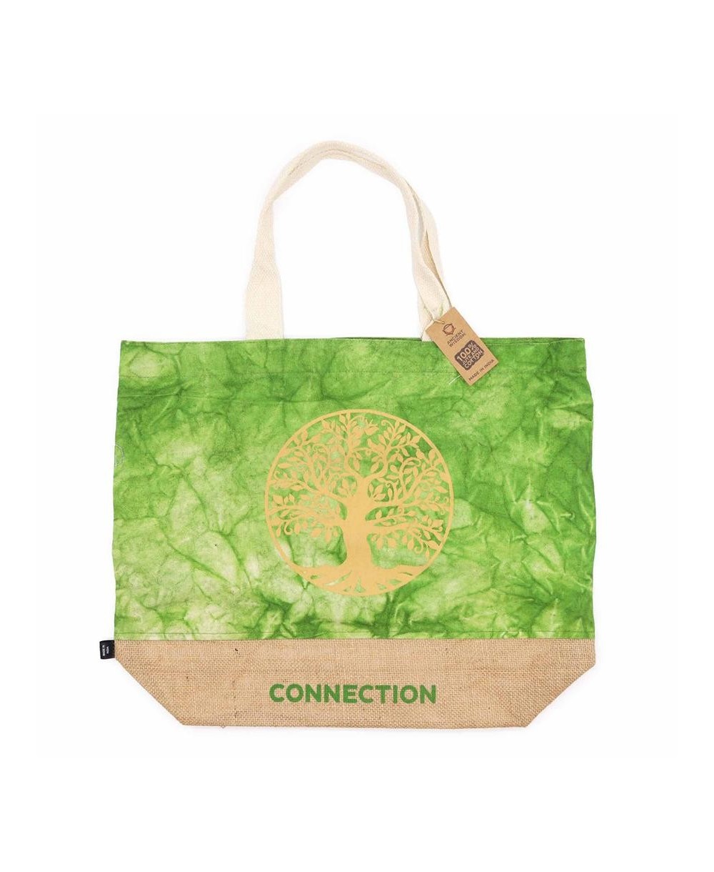 Bolsa verde de algodón y yute con árbol de la vida para compras y uso diario.