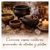 Cuencos, copas, calderos, quemador de atados y platos